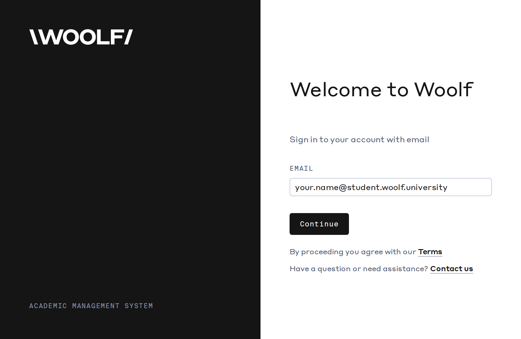 The Woolf sign-in page, with an email field and a Continue button