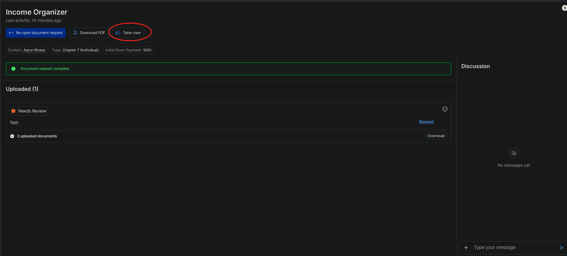 Income Organizer header with Table view toggle