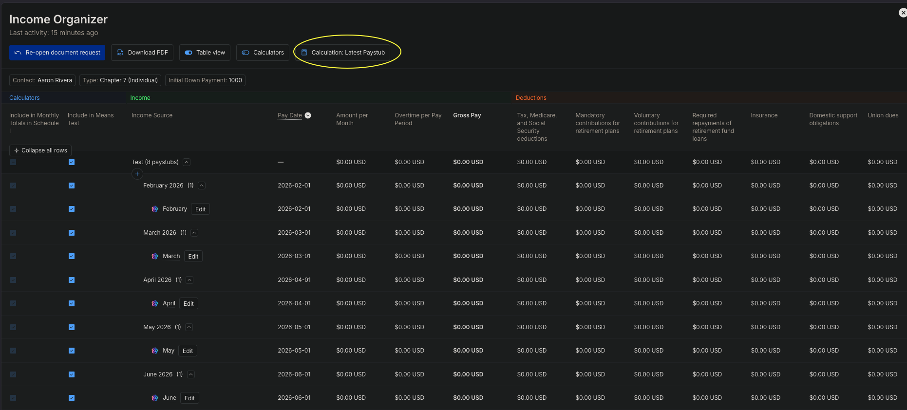 Income Organizer Table view with Calculation control in the header