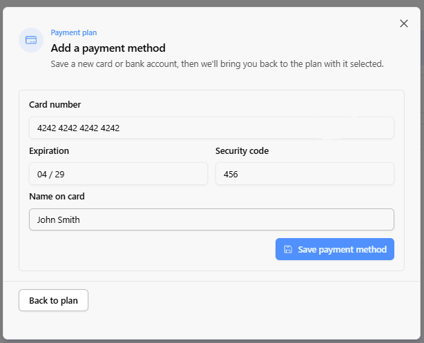 Add a payment method screen reached from the payment plan modal