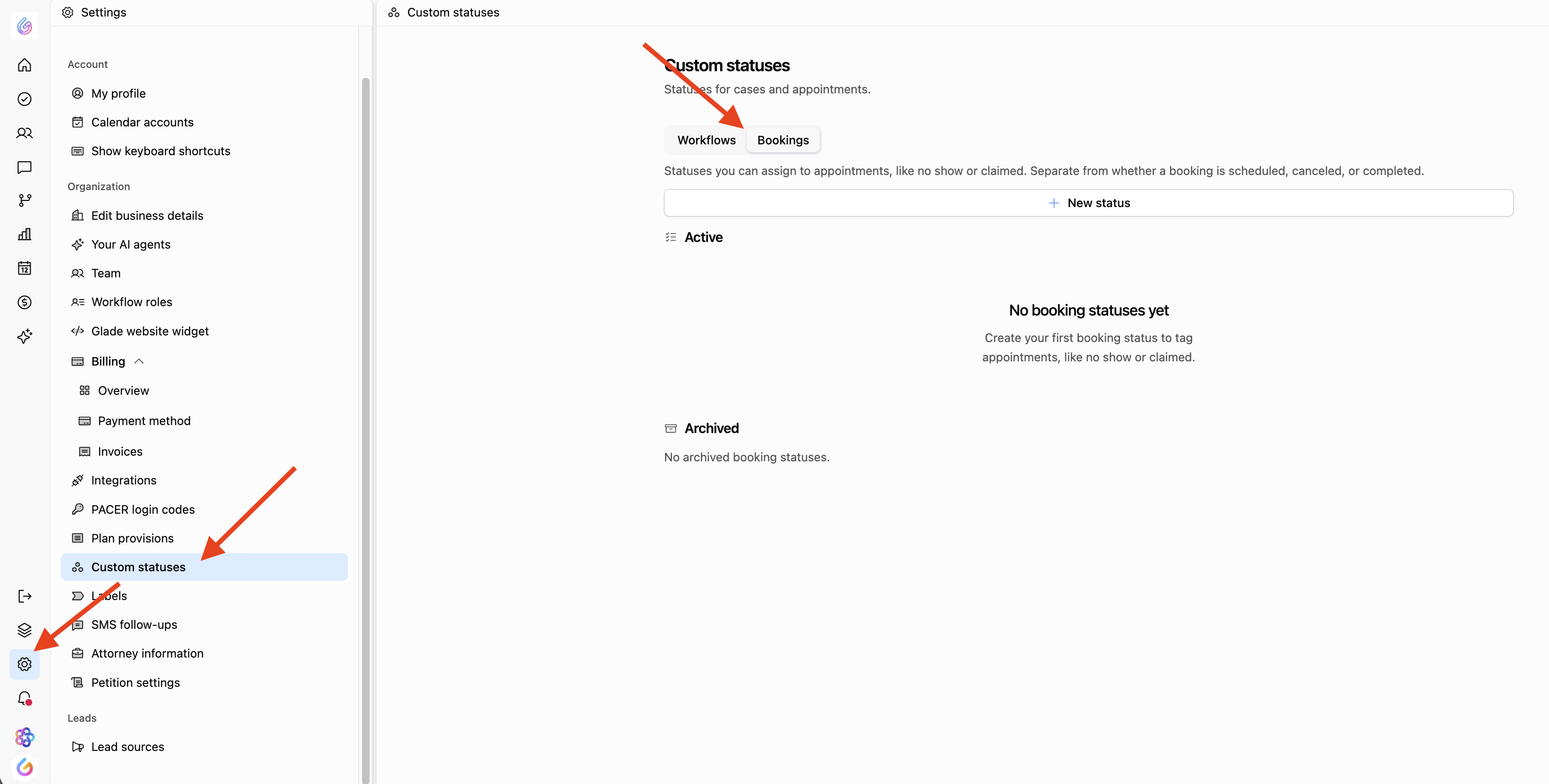 Settings → Custom statuses → Bookings empty catalog with red arrows