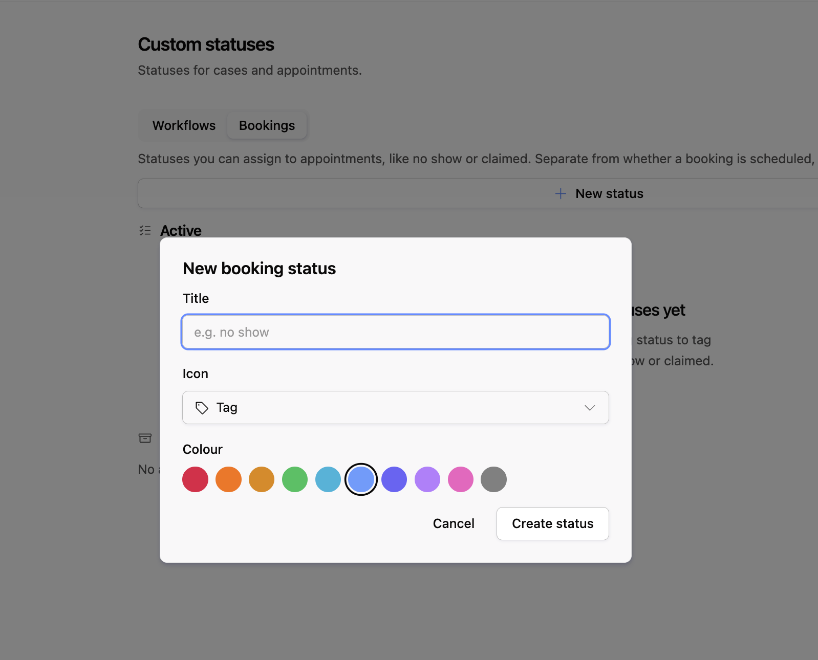 New booking status modal with title, icon, and colour fields