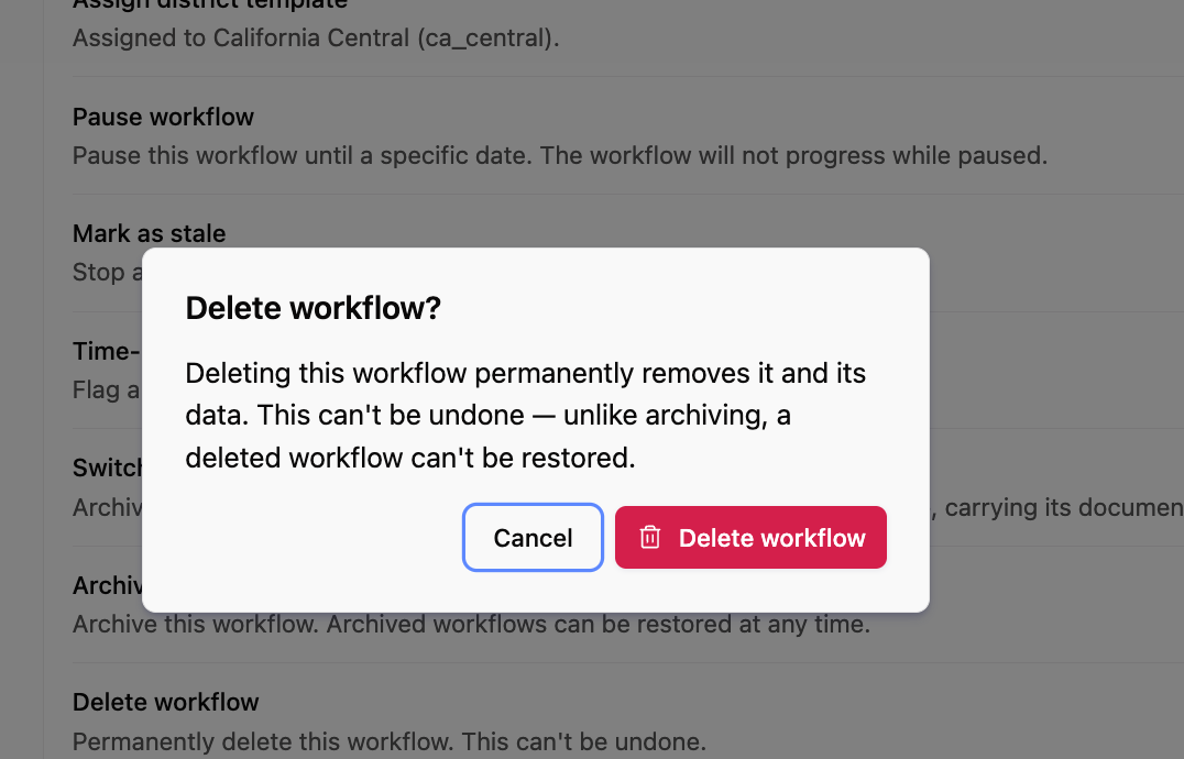 Delete workflow confirmation dialog