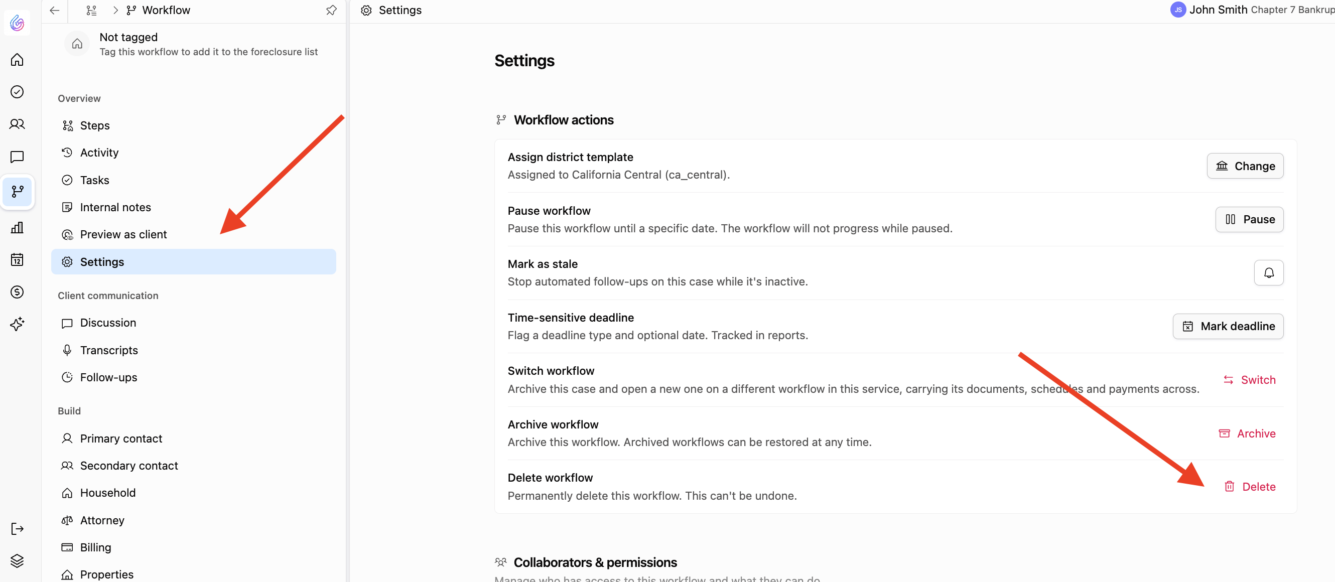 Workflow Settings with Delete workflow