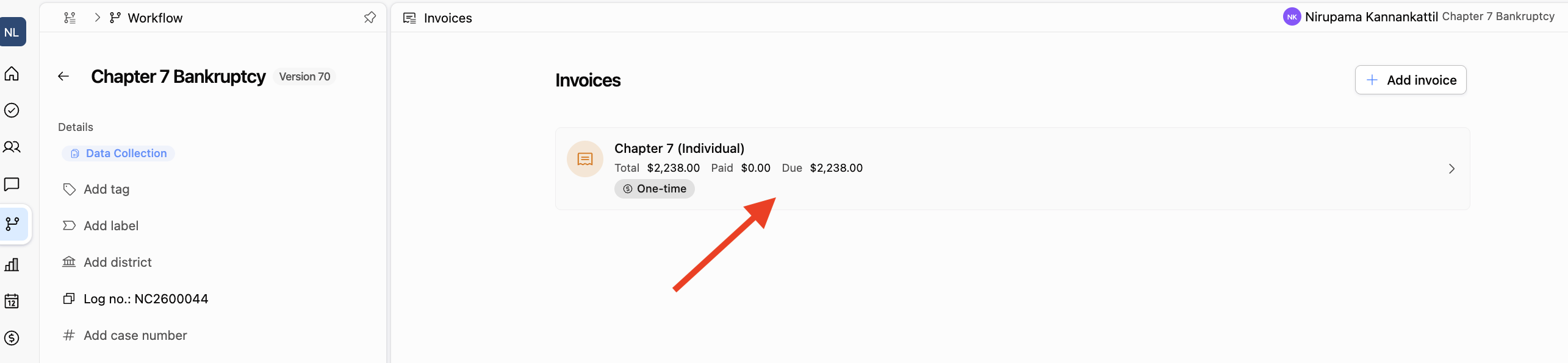 Invoices list with an invoice selected