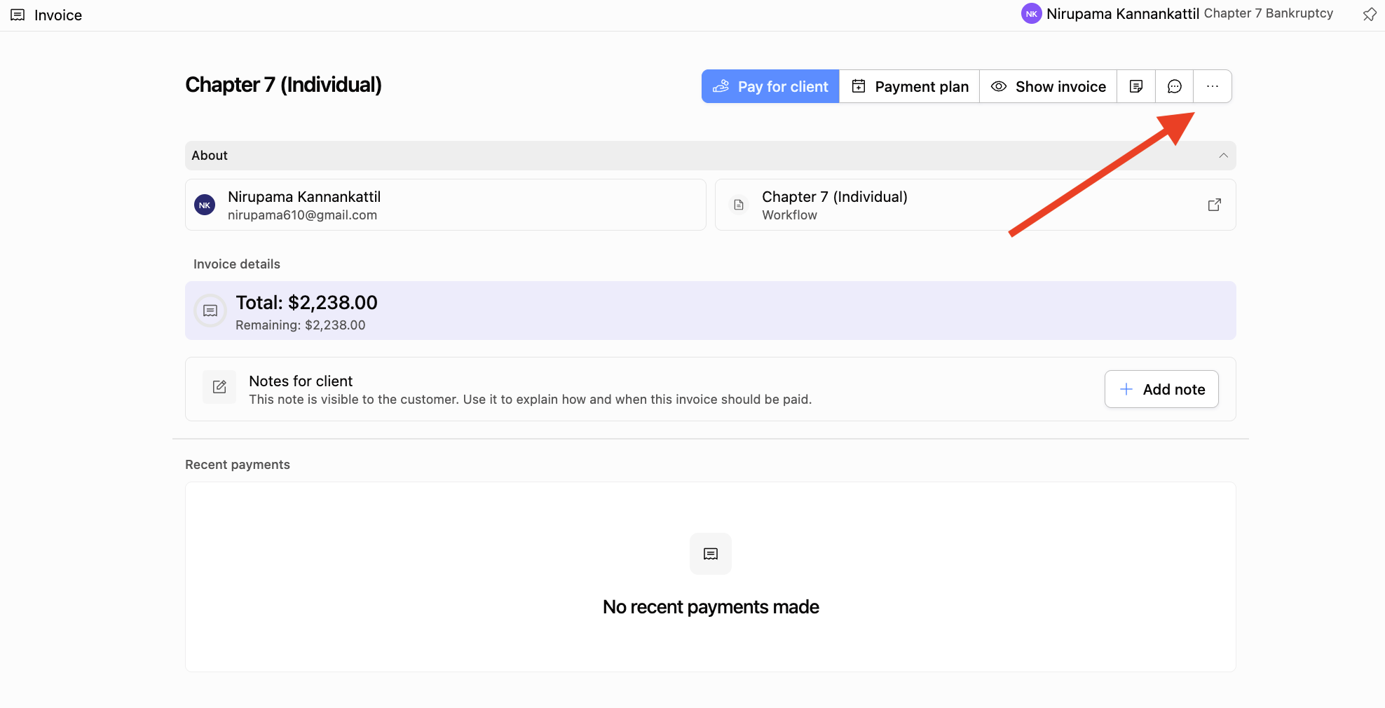 Invoice detail with More actions highlighted