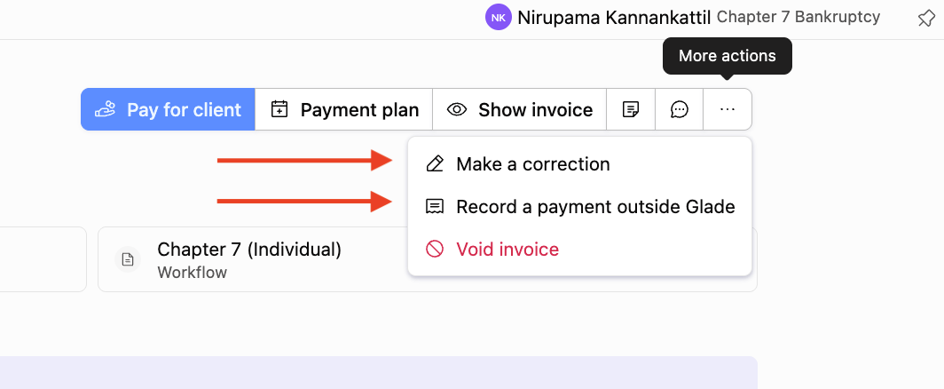 More actions menu showing Make a correction and Record a payment outside Glade