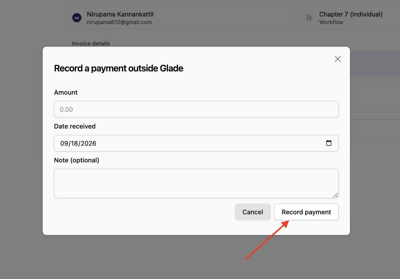 Record a payment outside Glade modal with Amount, Date received, and Note