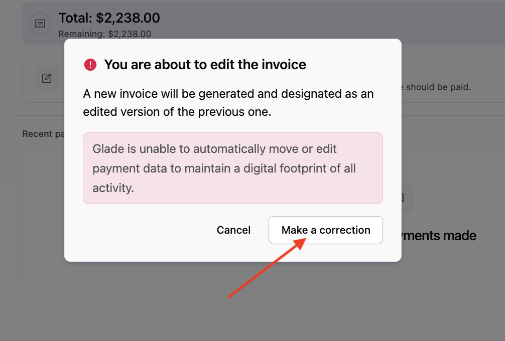 Make a correction confirmation modal