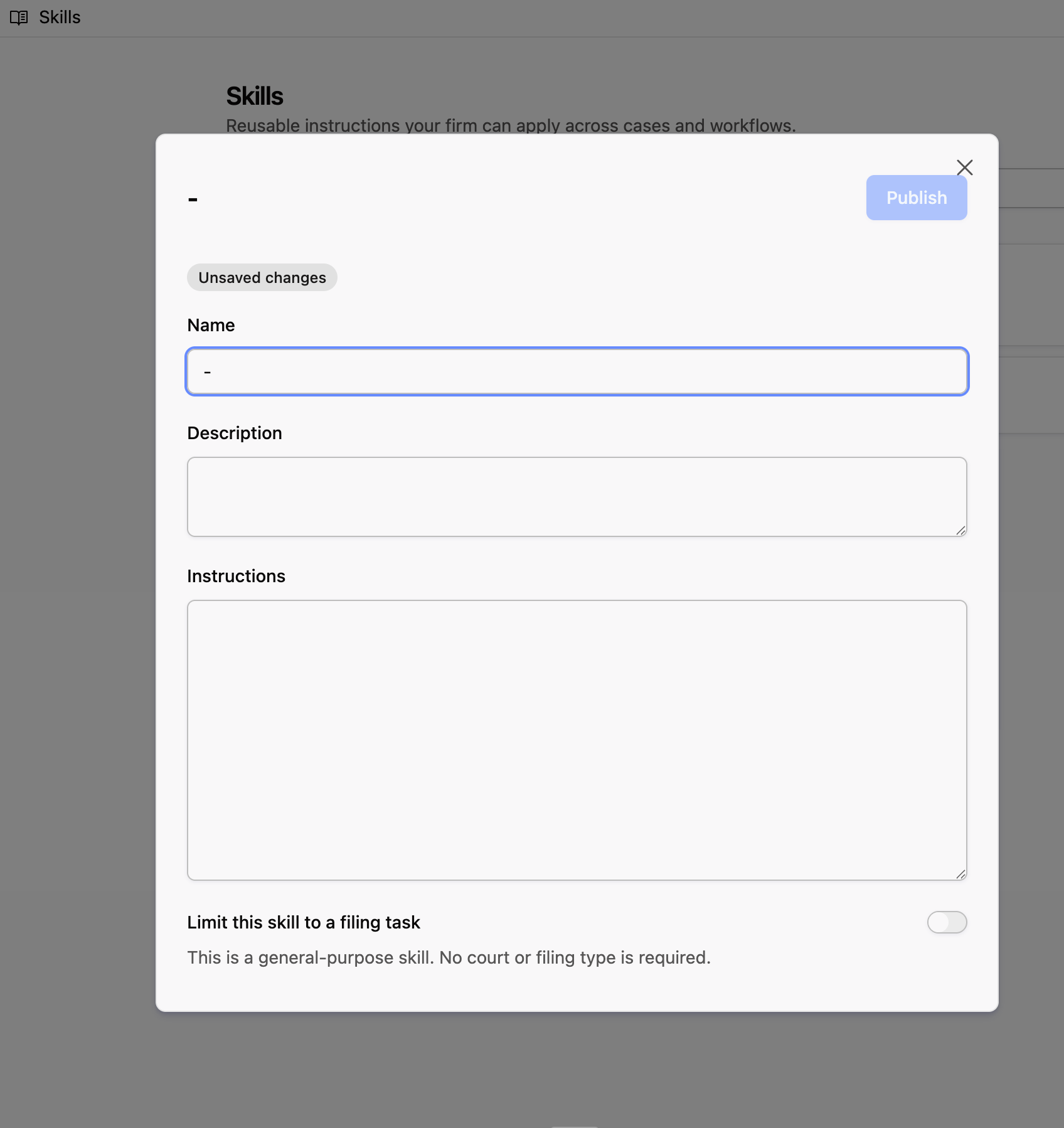 New skill: name, description, instructions, and Publish.