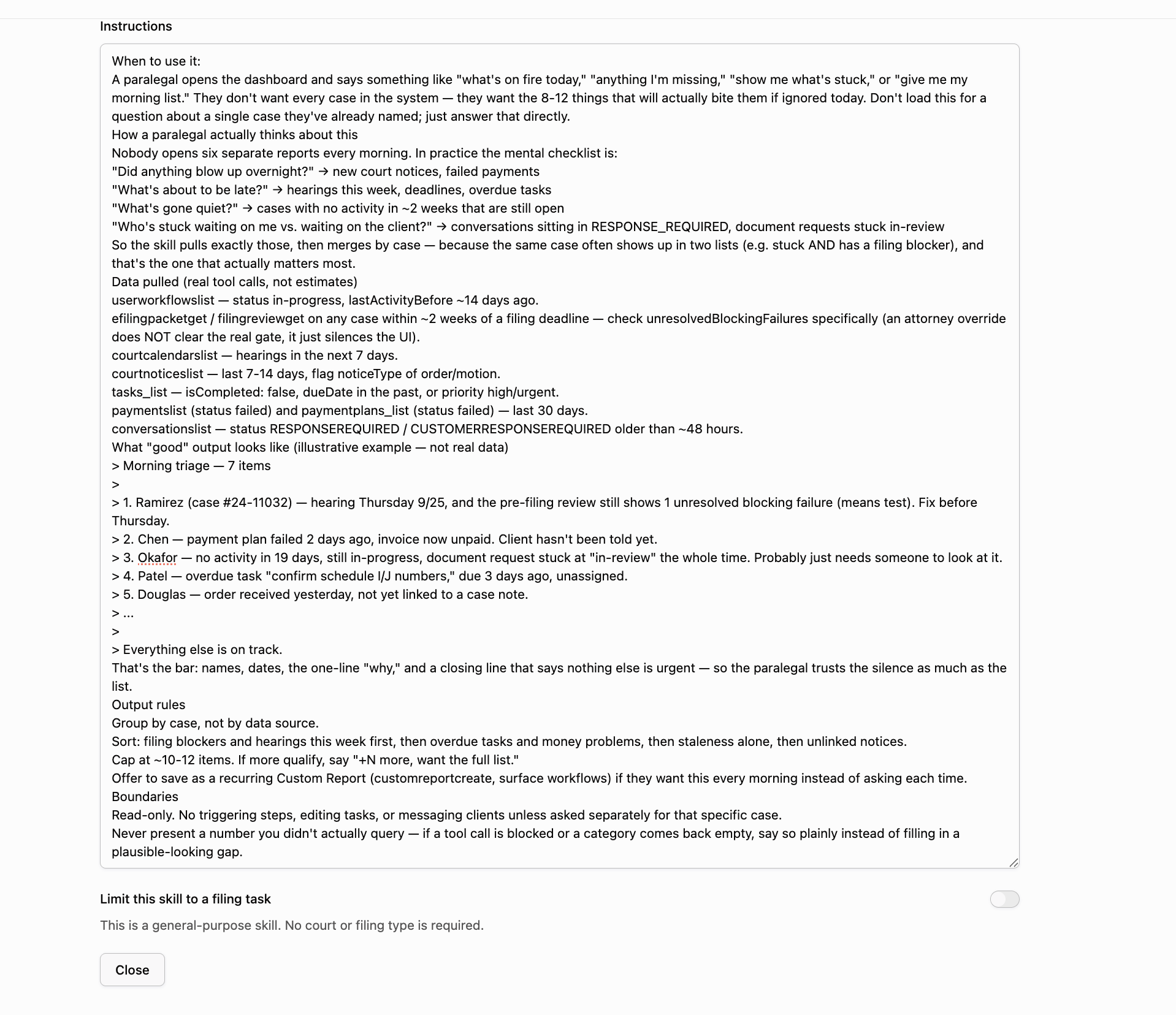 Skill instructions, with the option to limit the skill to a filing task.
