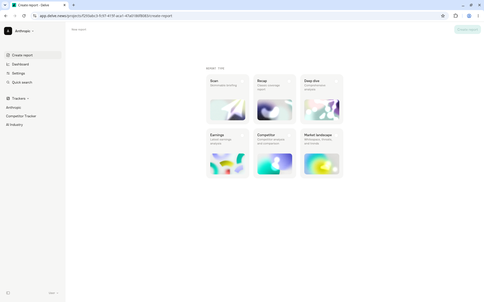 Delve sidebar showing Create report at the top, followed by Dashboard, Settings, Quick search, and the Trackers list