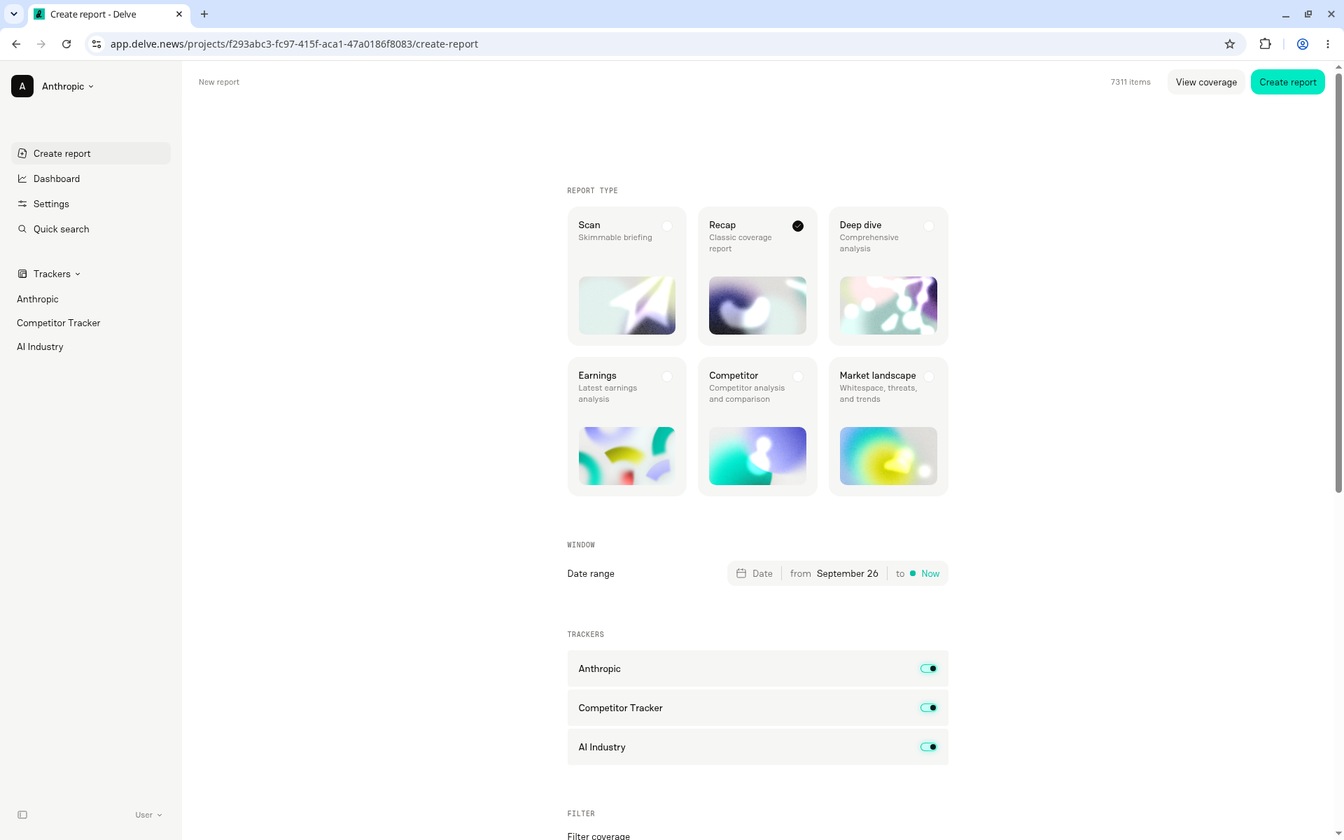 Create report page with Recap selected, the Window date range set from September 26 to Now, and three trackers toggled on