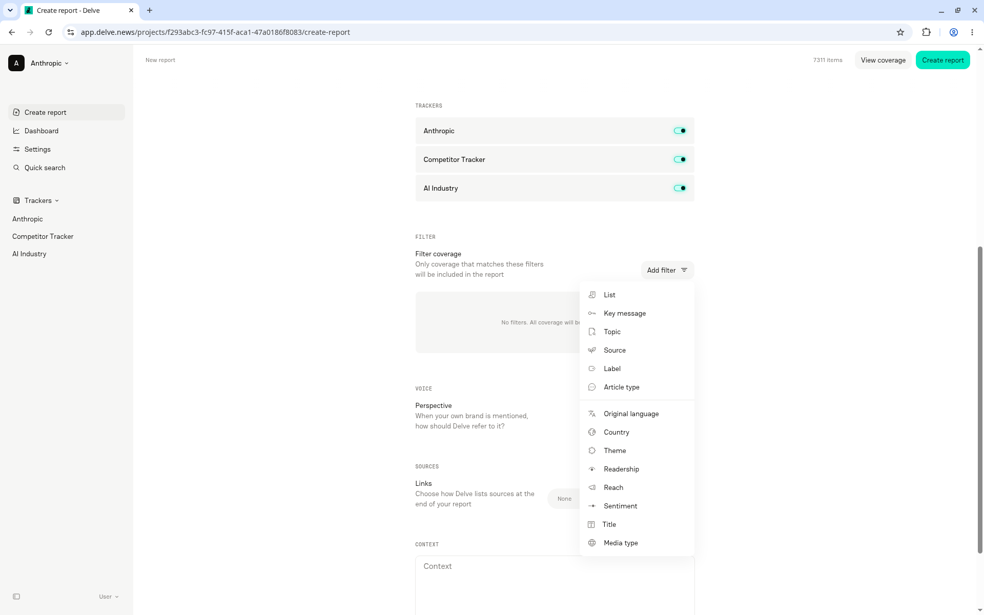 Add filter menu open in the Filter coverage section, listing filters such as List, Key message, Topic, Source, Sentiment, and Media type