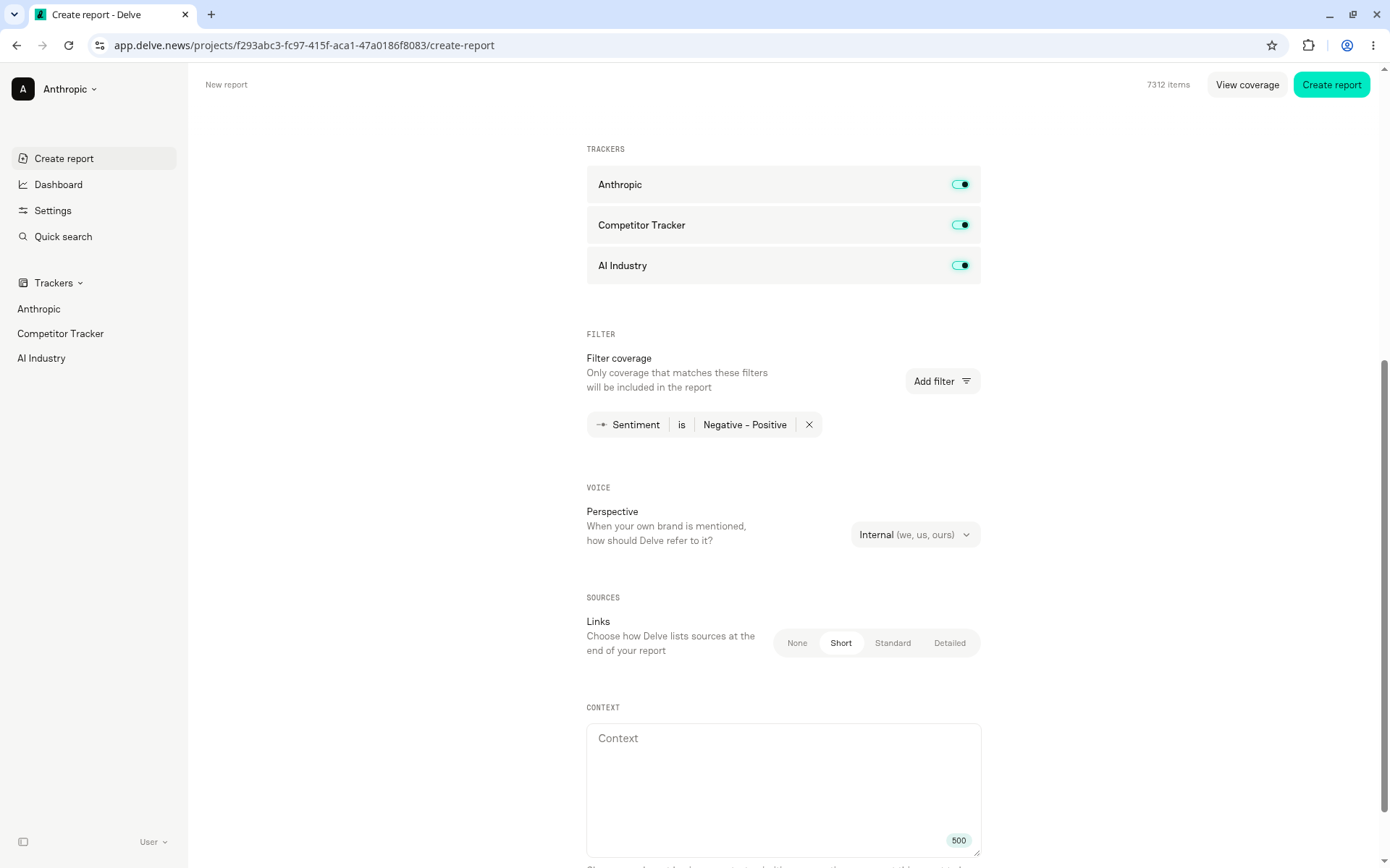 A Sentiment filter applied in the Filter coverage section, with the live item count shown at the top of the page