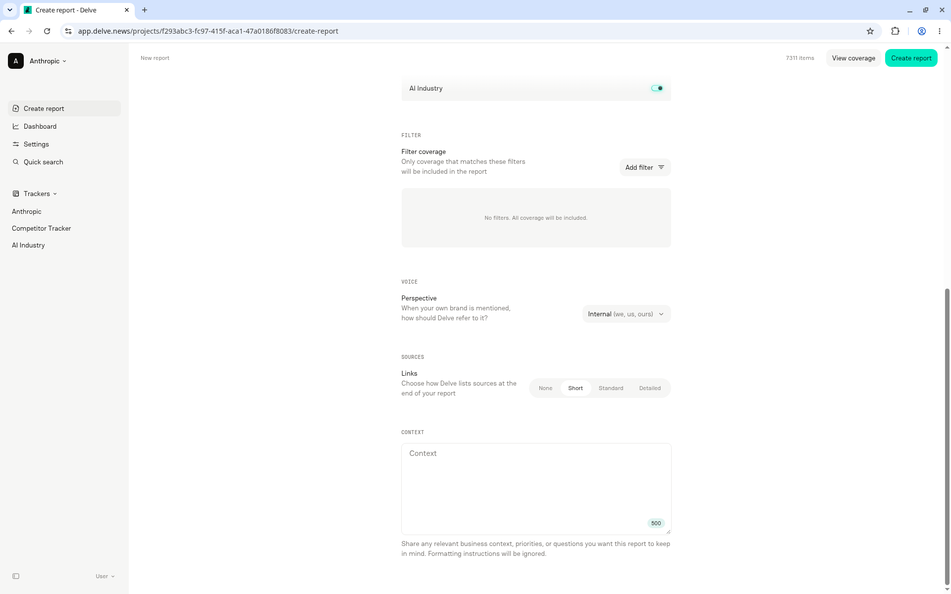 Voice, Sources, and Context sections: Perspective set to Internal, Links set to Short, and an empty Context box with a 500-character limit