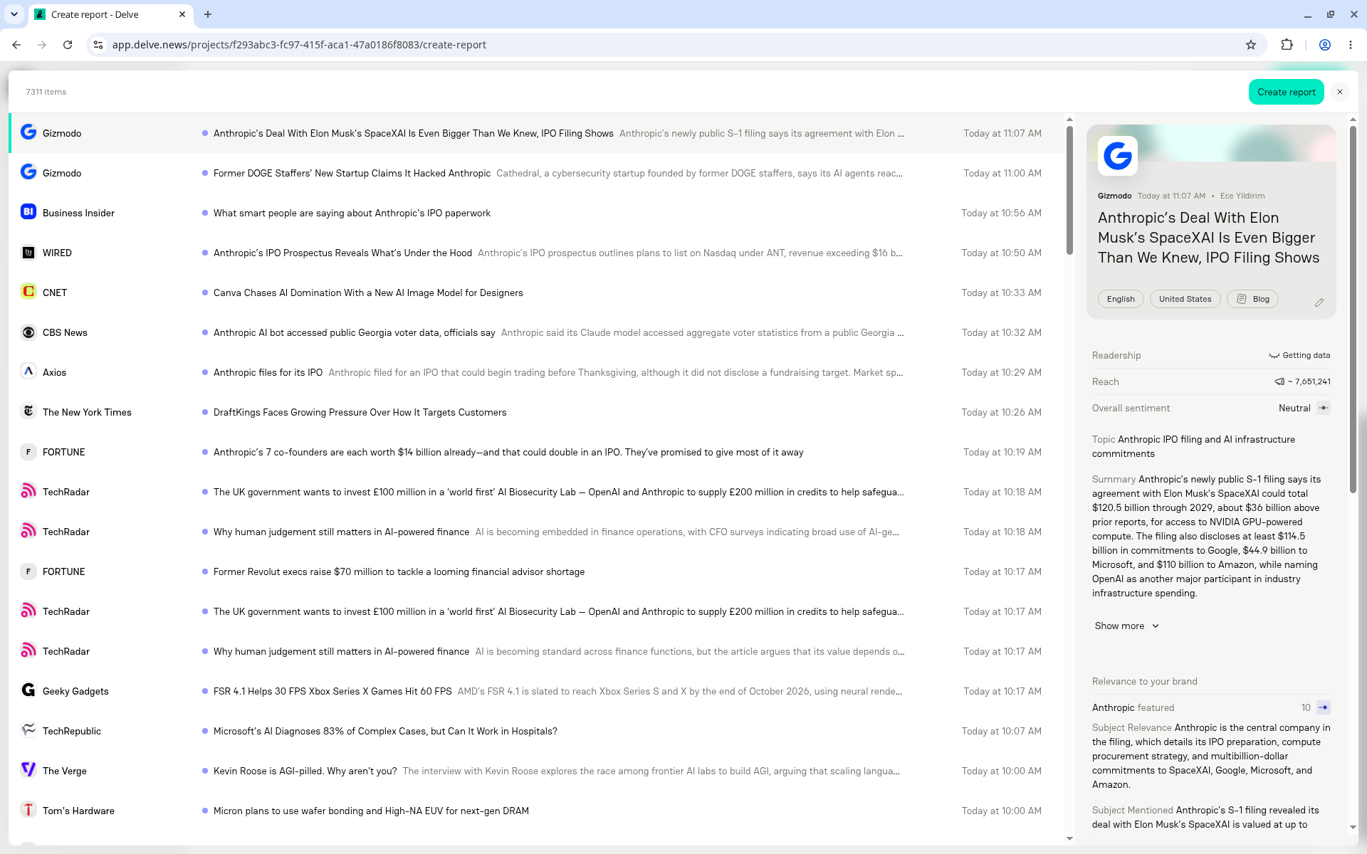 Coverage list for a report, showing the item count and Create report button at the top and the selected article's details in the right-hand panel