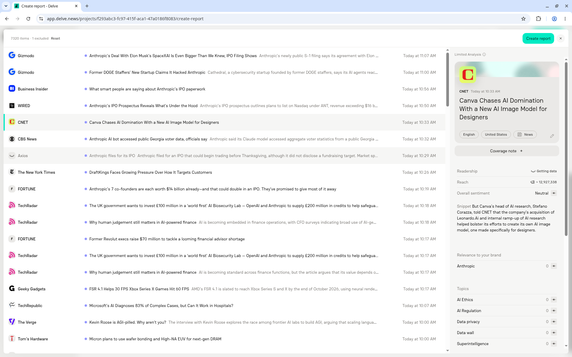 Coverage list with one dimmed, excluded article and the header showing 7020 items, 1 excluded, and a Reset link