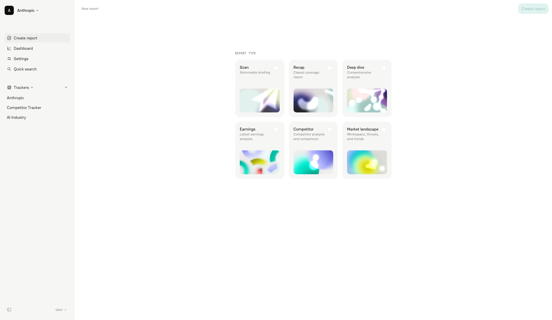 Create report page showing the six report types