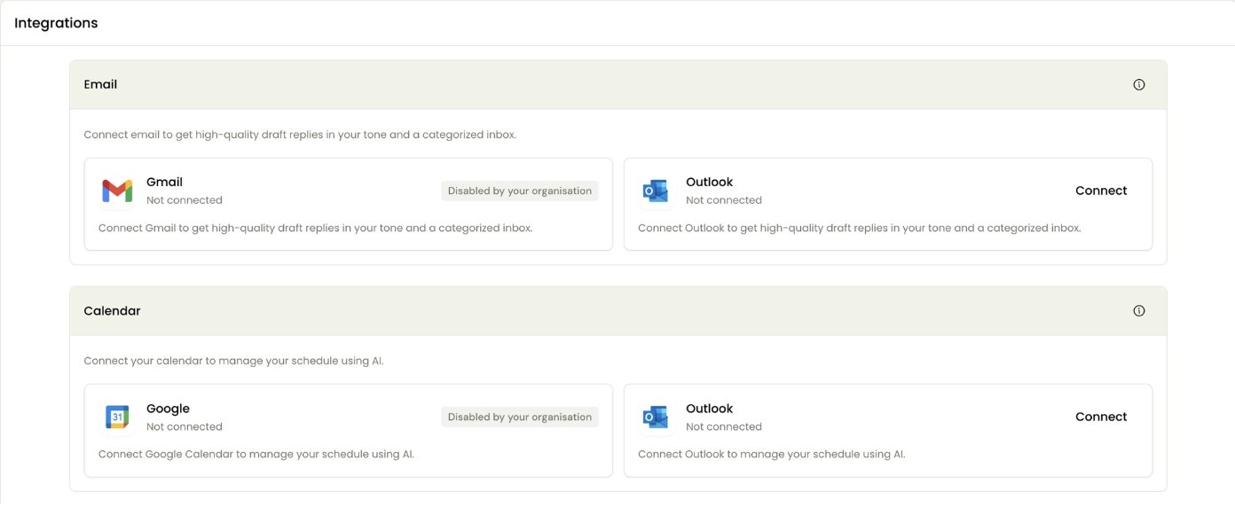 Screenshot of the Fyxer Dashboard showing Gmail and Google Calendar icons with 'Disabled by your organisation labels'. Outlook email and Outlook Calendar icons are shown to the right with the label 'Connect'.
