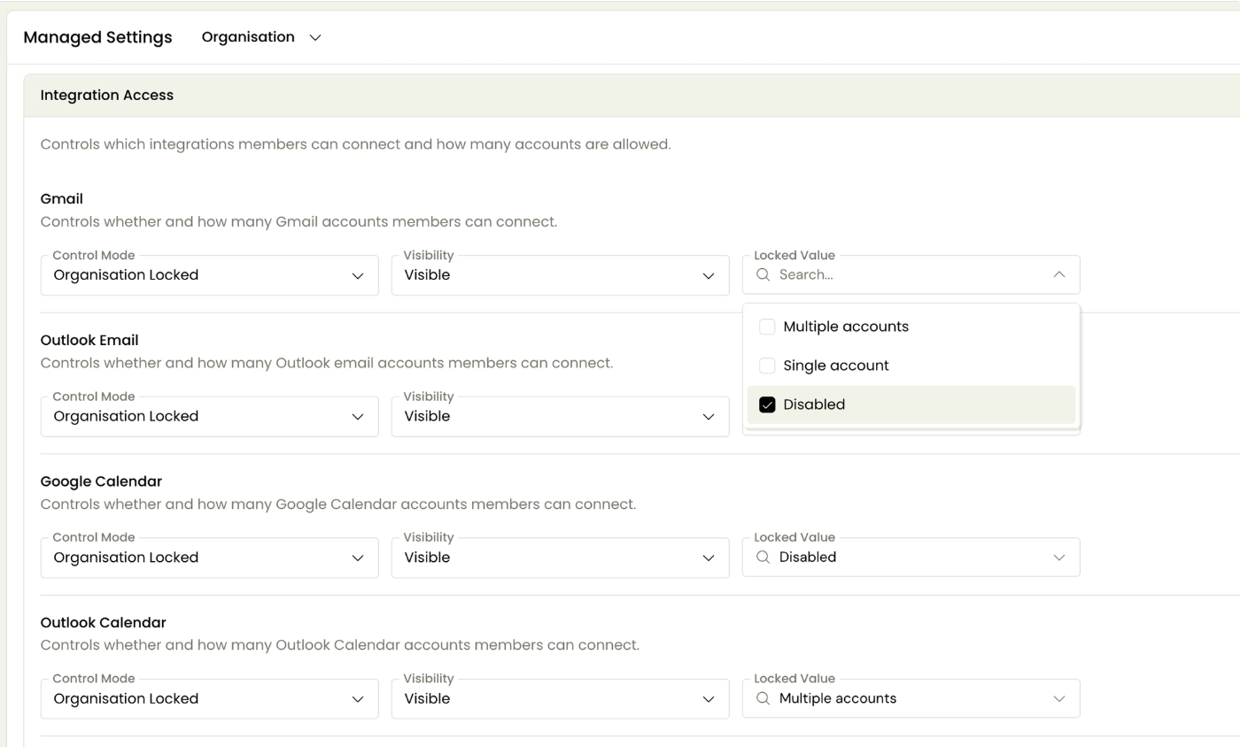Screenshot of the Fyxer Dashboard showing the integration access settings. The dropdown menu shows 'Disabled' has been selected as a value for Gmail. The image also shows that Google calendar has already been marked as 'Disabled'.