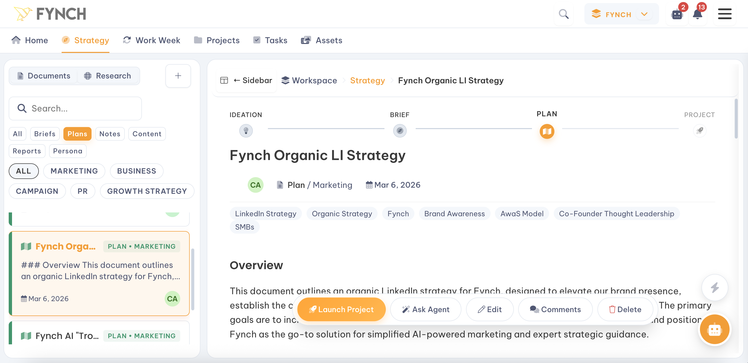 FynchAI Workspace: Use an existing Marketing Plan to launch a Project.