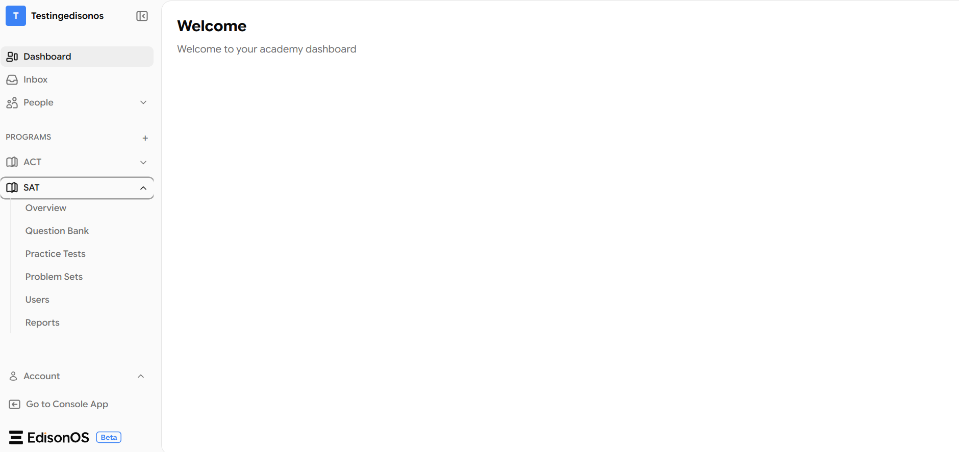 EdisonOS 3.0, the main dashboard showing programs, student activity, and performance data. Inside a program — Question Bank, Practice Tests, Problem Sets, Users, and Reports all accessible from the sidebar.