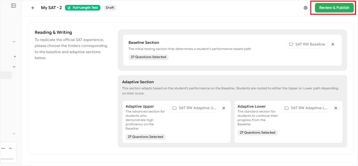 The full builder view with the "Review & Publish" button highlighted in the top-right corner.