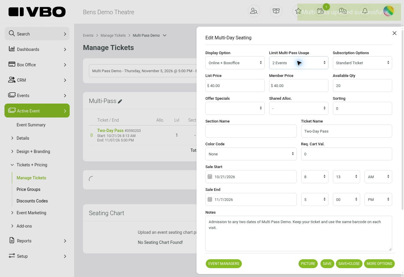 Two-Day Pass example: two event dates, 20 available, $40