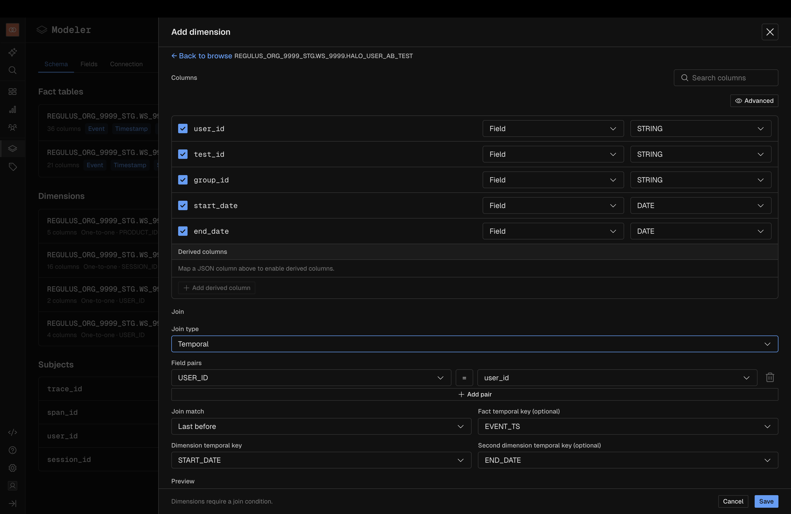Data modeling with temporal join