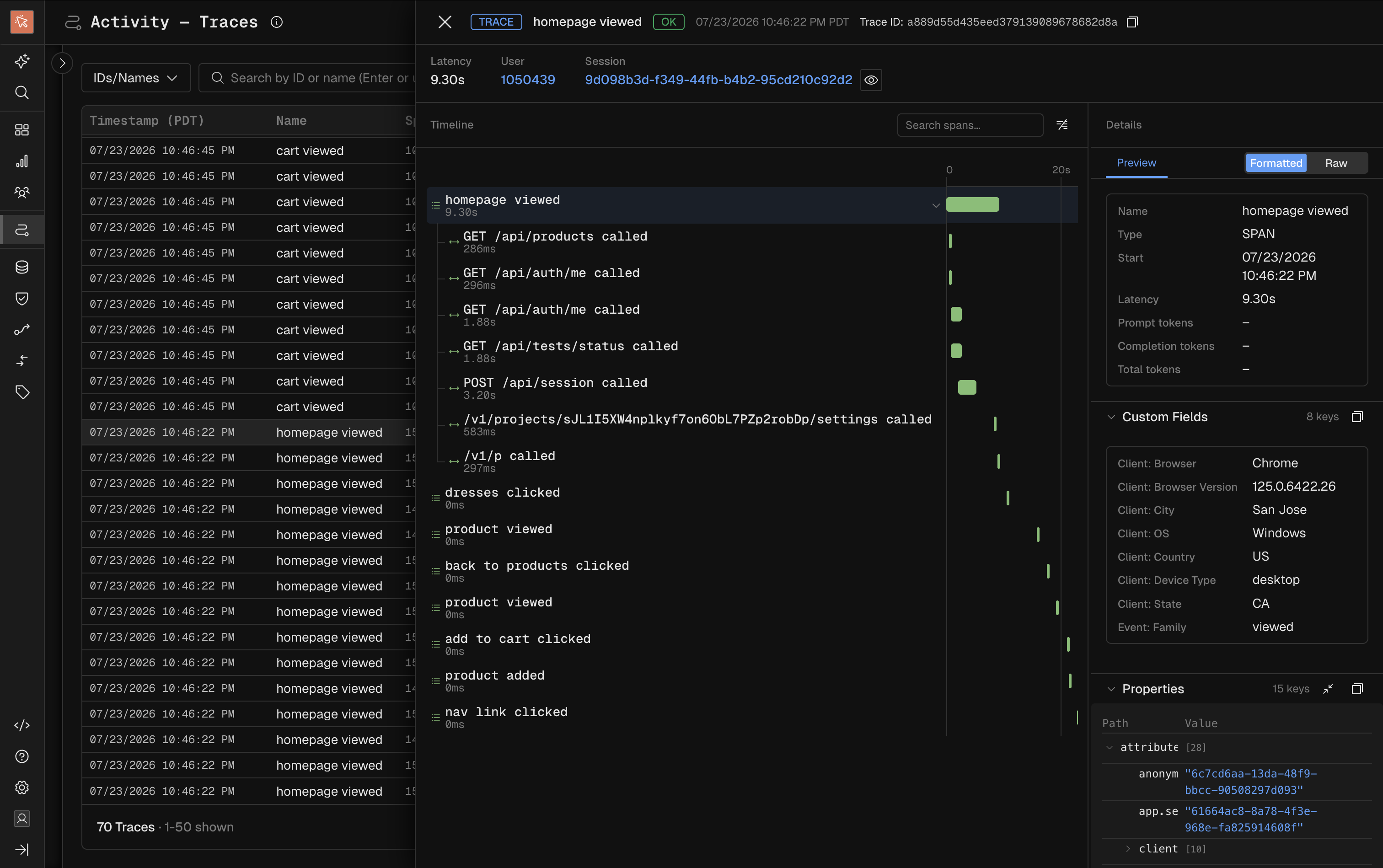 User activity traces from Sentry / OTel