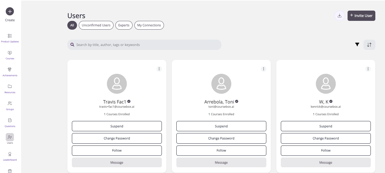 Users page showing the All, Unconfirmed Users, Experts and My Connections tabs