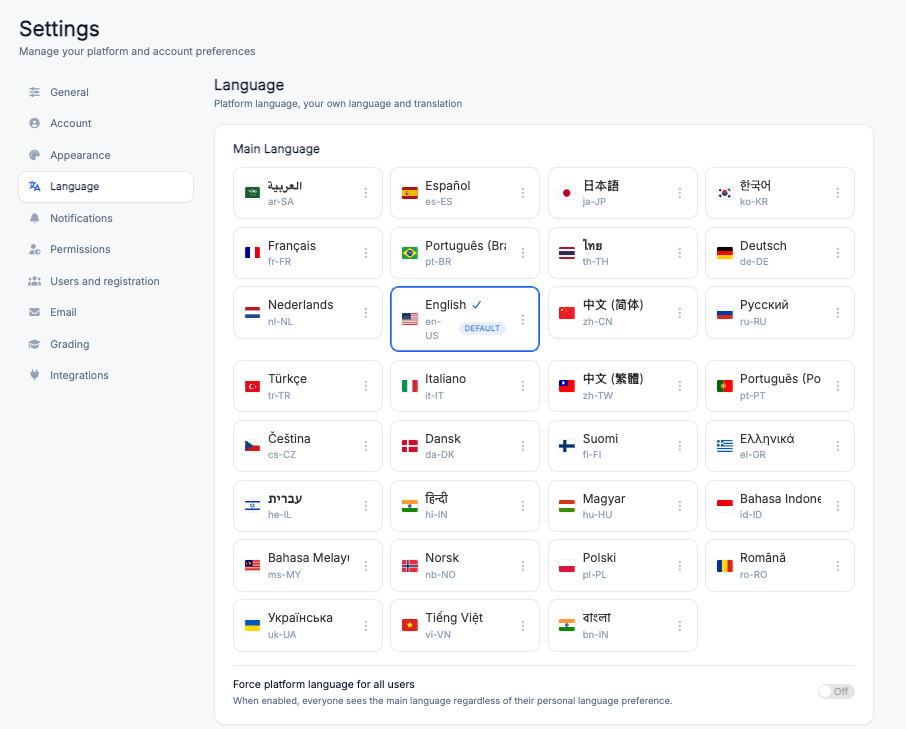 Main Language list in Settings with available languages