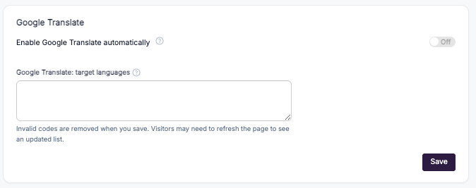 Google Translate section in Settings