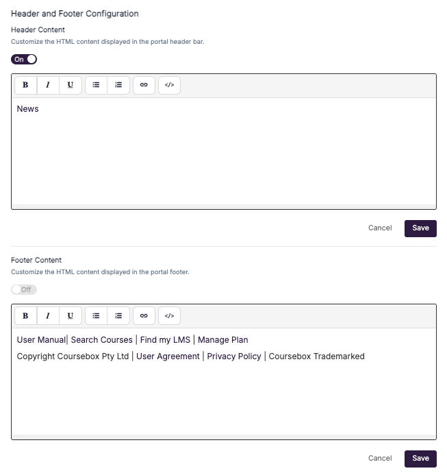 Header and footer content editor with formatting toolbar and HTML code view