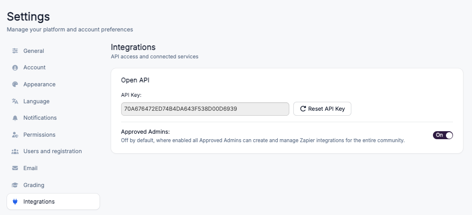 Integrations settings page showing the Open API key, Reset API Key button, and the Approved Admins toggle