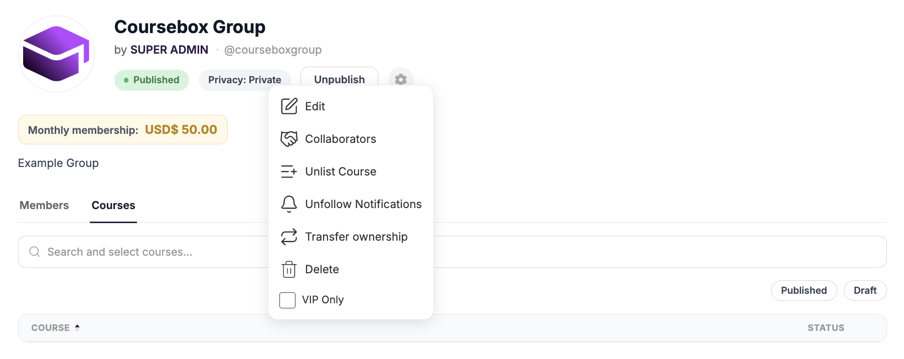 Group page header showing status pill, privacy, Unpublish button and gear icon