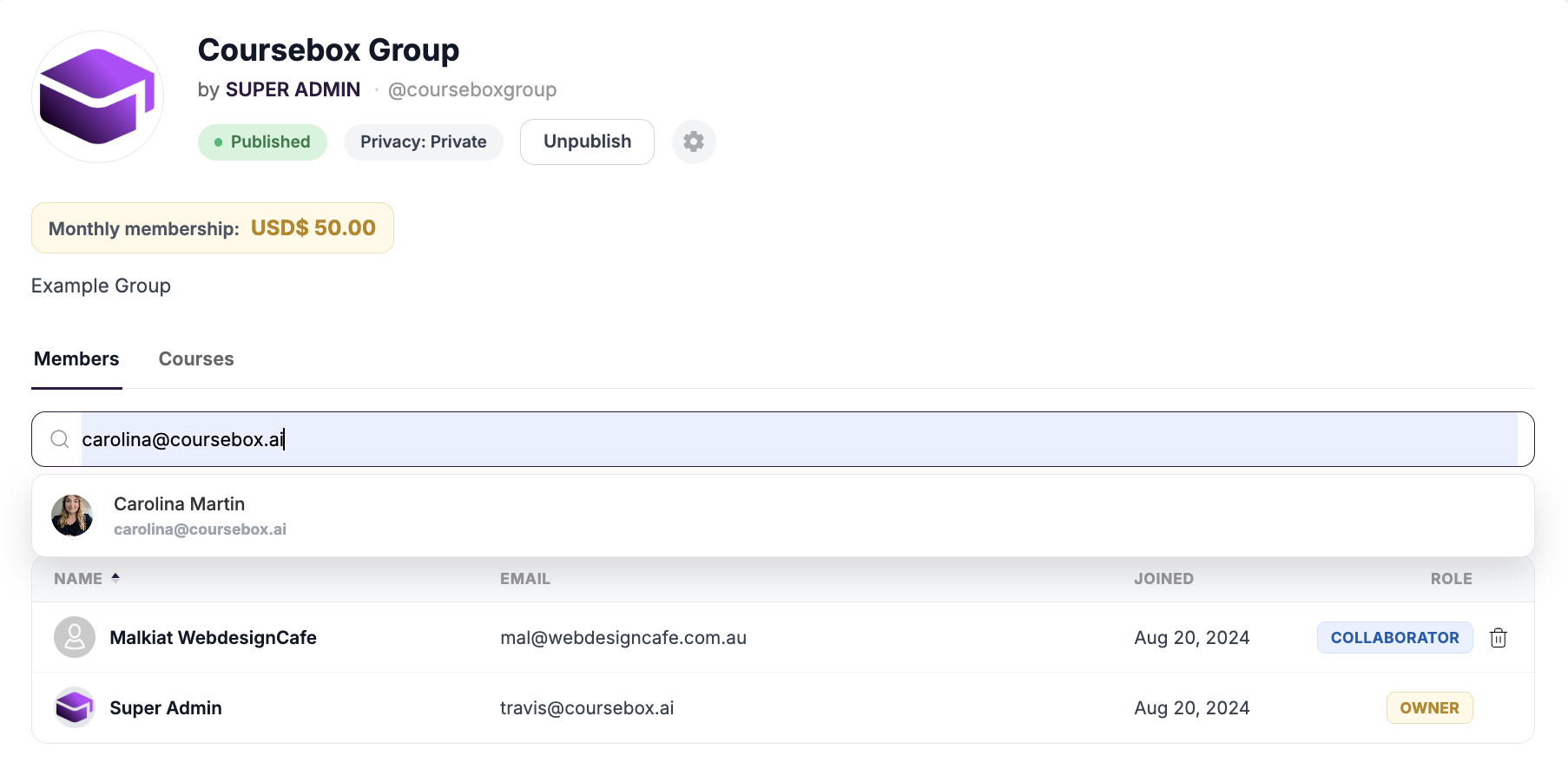 Groups panel listing groups with member counts and actions