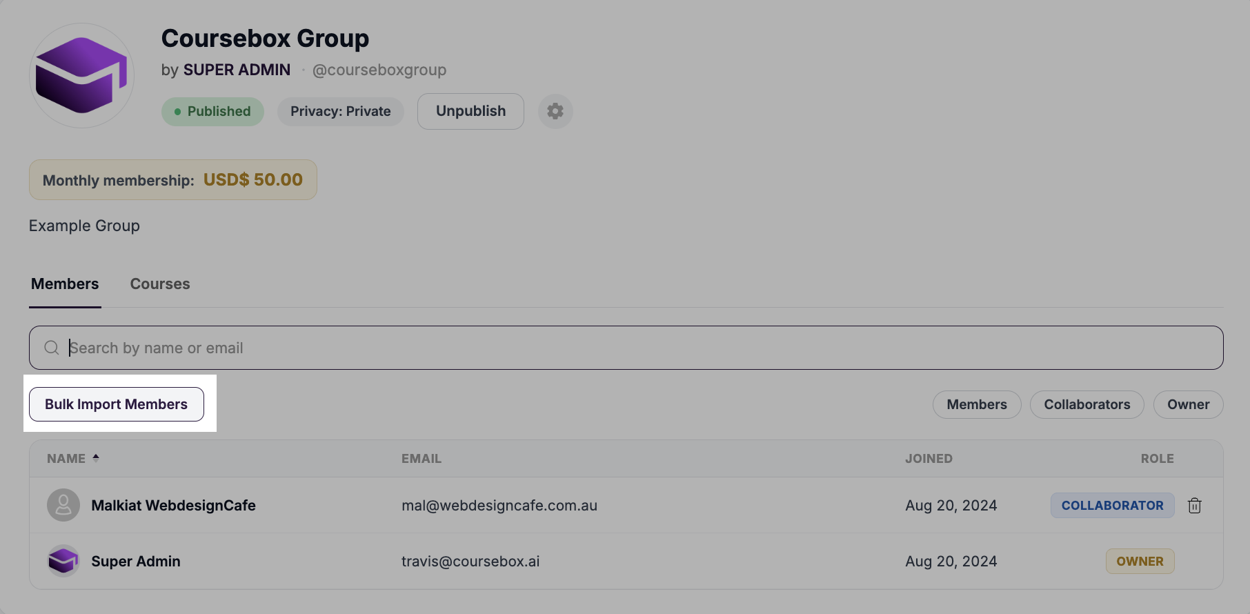 Members tab with the Bulk Import Members button