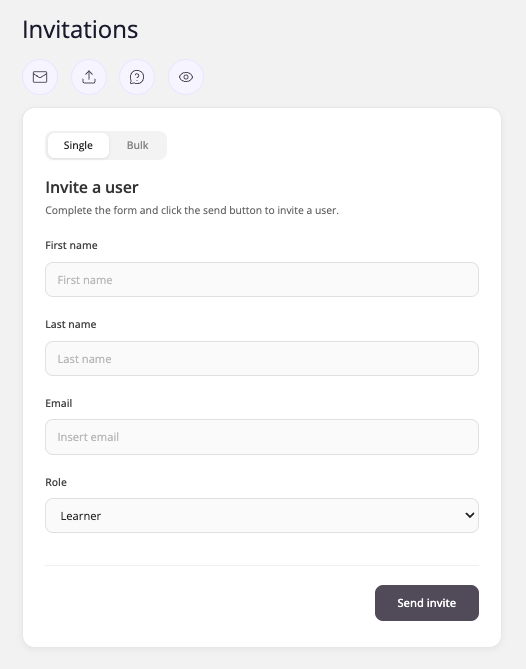 Invitations popup with first name, last name, email and Role fields
