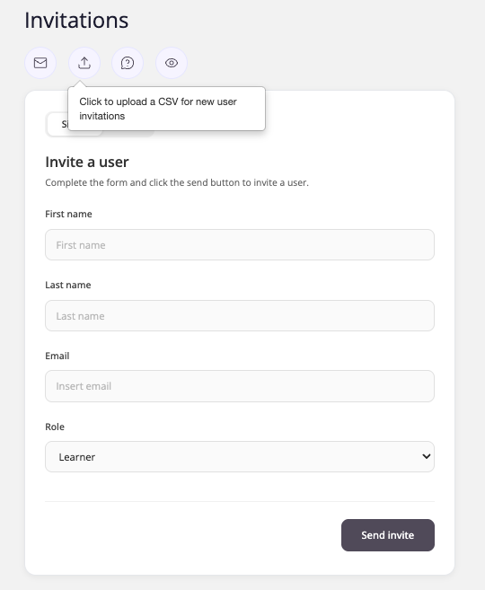 CSV upload panel in the Users section