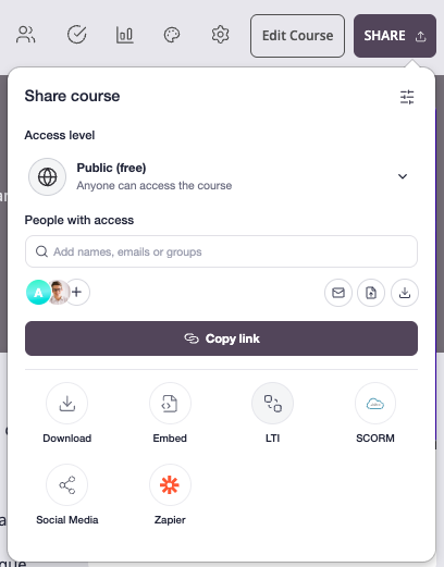 Share panel with the LTI option selected