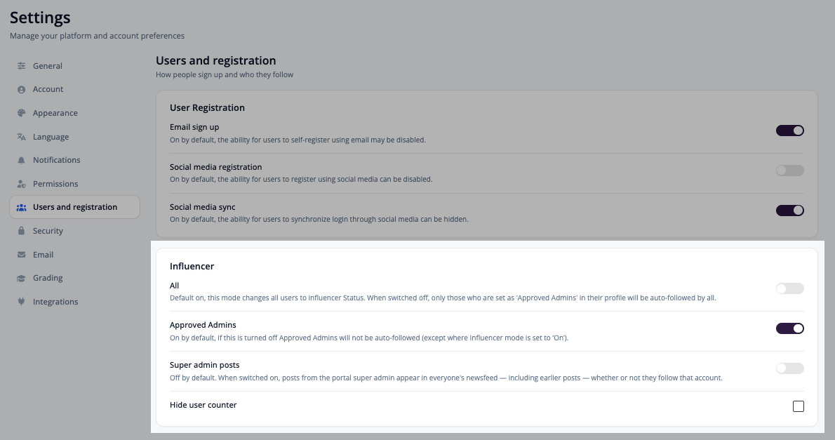 Influencer settings with All, Approved Admins, Super admin posts and Hide user counter options
