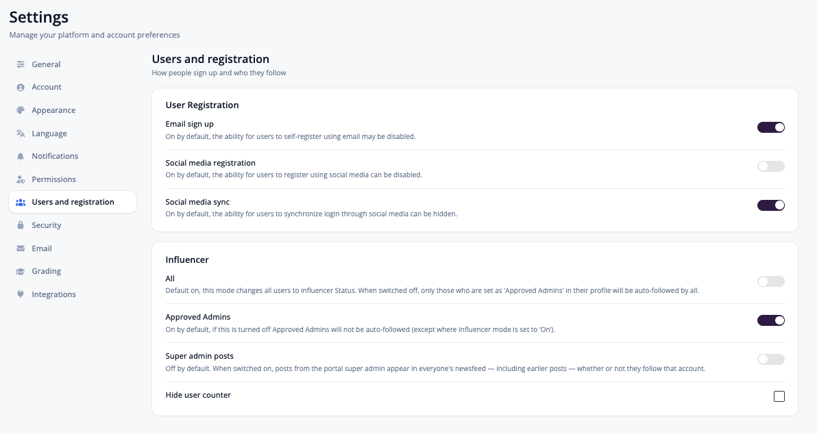 Settings page with Users and registration selected in the left-hand menu