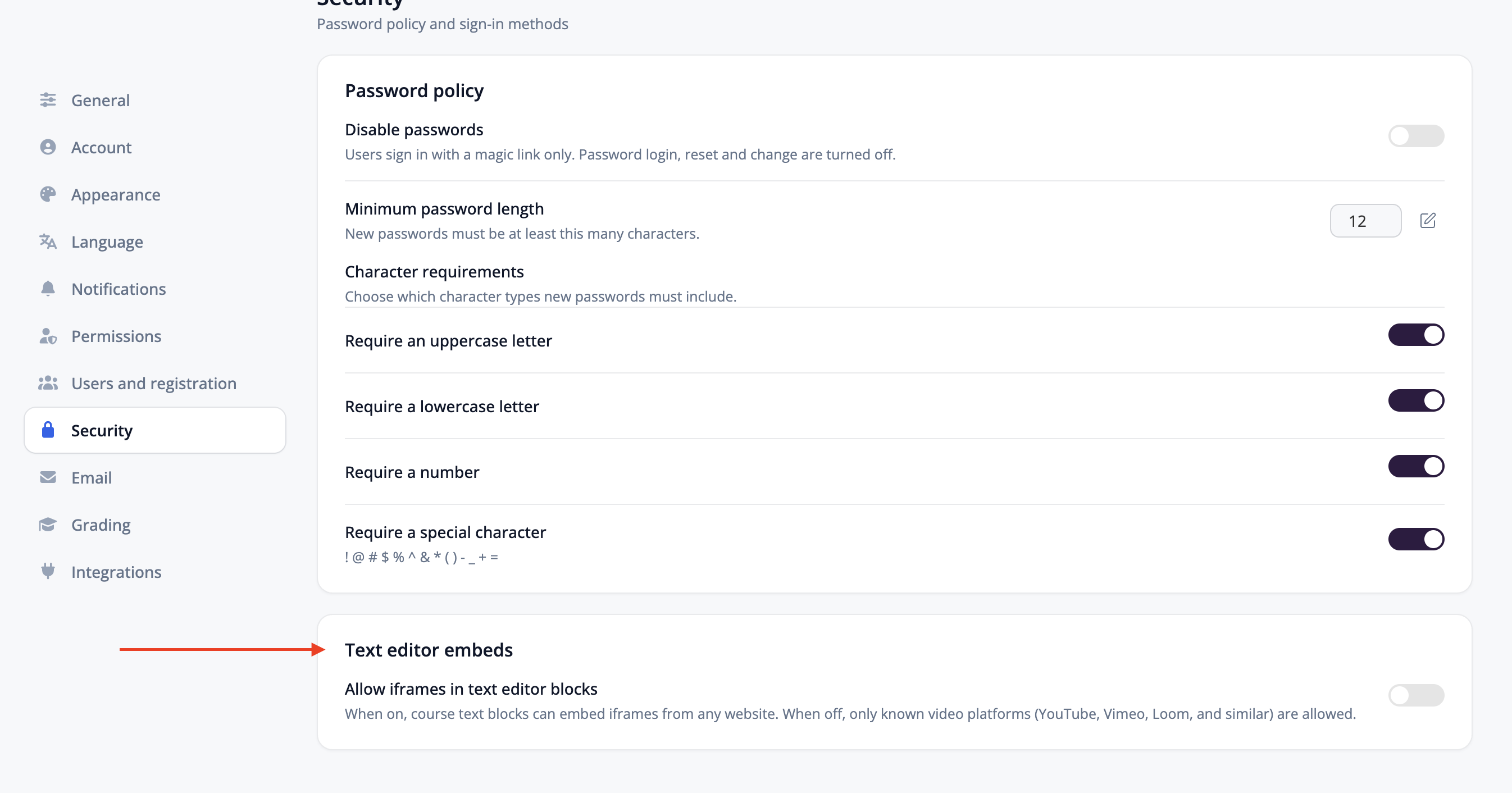 Text editor embeds section with the Allow iframes in text editor blocks toggle