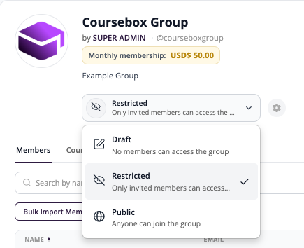 Group access dropdown with Draft, Restricted and Public options