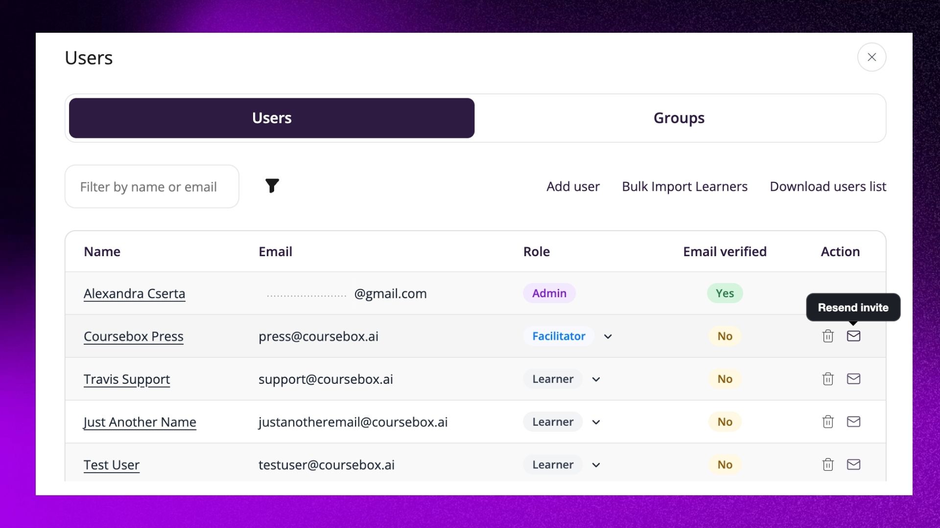 Course Users popup with role change, resend invite and profile options