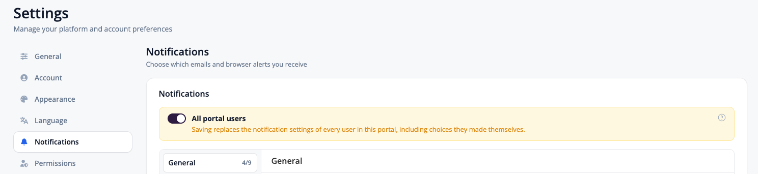 All portal users toggle in Settings → Notifications