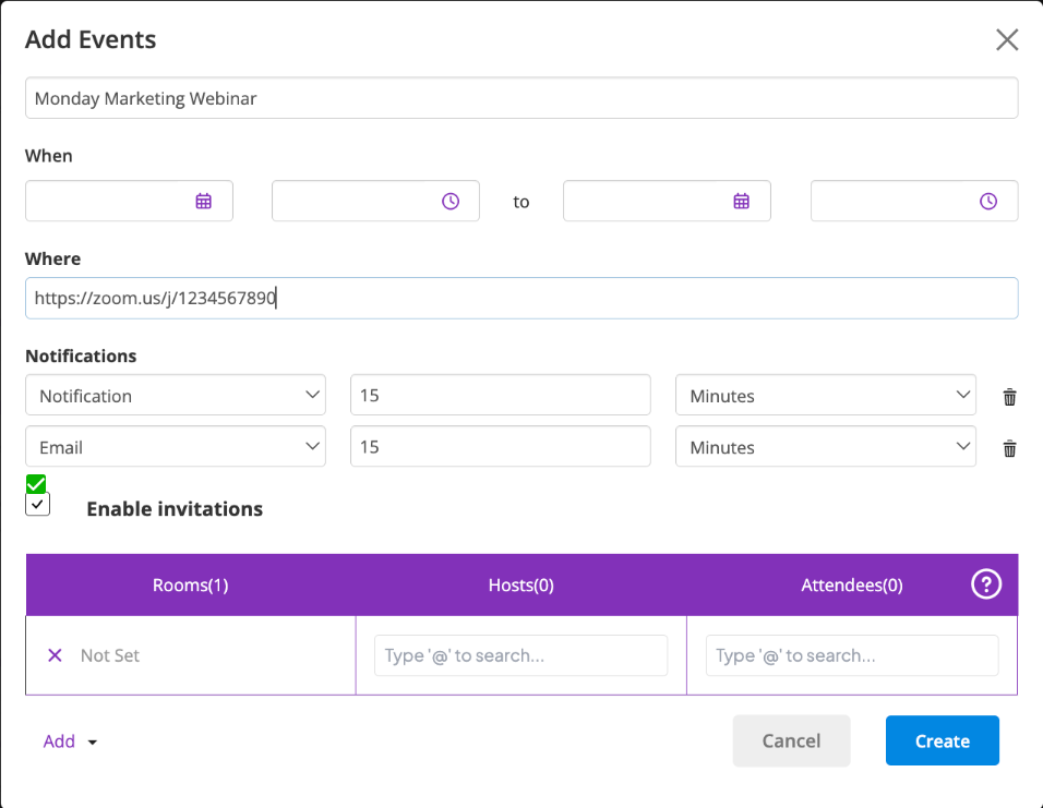 Add Events window with event name, When, Where, Notifications, Enable invitations and the Rooms, Hosts and Attendees table