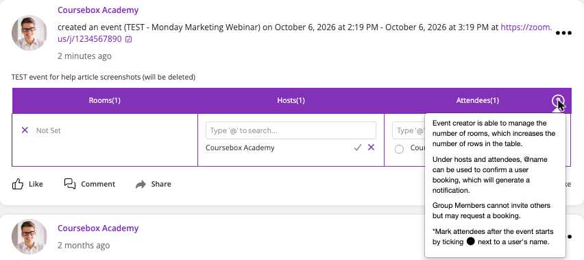 Published event post with the Rooms, Hosts and Attendees table and the help tooltip